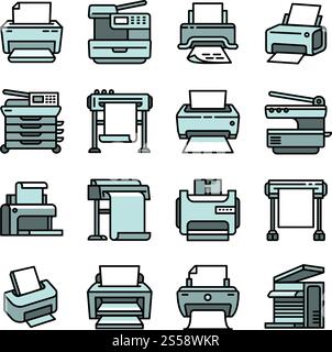 Set di icone della stampante. Contorno delle icone vettoriali della stampante per la progettazione Web isolato su sfondo bianco. Set di icone della stampante, stile del contorno Illustrazione Vettoriale