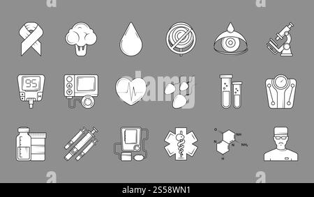 Simboli medici neri. Icone mediche monocromatiche Set di insulina, siringa e altri. Iniezione di diabete, test medicine misurazione. Illustrazione vettoriale. Simboli medici neri. Icone mediche monocromatiche Set di insulina, siringa e altri Illustrazione Vettoriale
