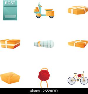 Set di icone consegna pacchi postali. Cartoni animati con 9 icone vettoriali di consegna pacchi postali per il web design isolate su sfondo bianco. Set di icone di consegna pacchi postali, stile cartone animato Illustrazione Vettoriale