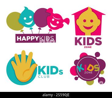 Miniclub con intrattenimenti, emblemi promozionali luminosi, cartoni animati isolati, illustrazione vettoriale piatta su sfondo bianco. Logotipi di zona per bambini con mani umane, facce divertenti e mezza luna.. Posto per bambini con intrattenimenti emblemi promozionali luminosi set di cartoni animati isolati immagine vettoriale piatta su sfondo bianco Illustrazione Vettoriale