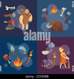 Elementi dell'età della pietra. Cartoni animati vettoriali, cavemen e illustrazione di donne. Attrezzi preistorici e animali. Elementi dell'età della pietra. Illustrazione di cartoni animati vettoriali Illustrazione Vettoriale