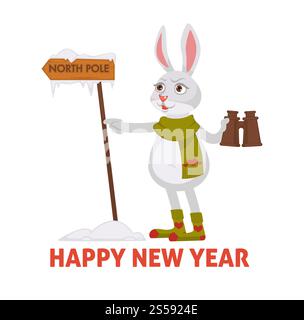 Felice anno nuovo poster con Bunny Searching North Pole Vector. Animale che tiene binocoli in zampa, osservando l'indicatore del tavolo di legno. Gelo d'inverno, coniglio con sciarpa a maglia e calze ornate. Poster di felice anno nuovo con Bunny Searching Polo Nord Illustrazione Vettoriale