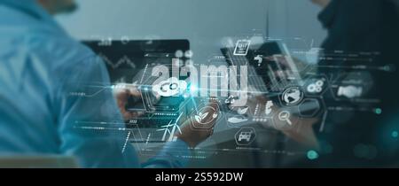 Uomo d'affari con un team che lavora su uno smartphone moderno virtuale per ridurre le emissioni di CO2 le emissioni di carbonio i cambiamenti climatici per limitare il riscaldamento globale. Sostenibile Foto Stock