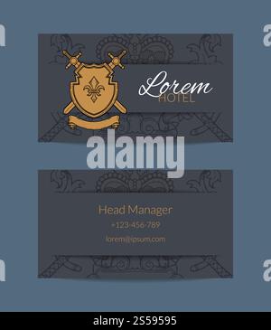 Carta da visita per araldici disegnata a mano vettoriale del modello set per l'illustrazione dell'hotel. Biglietto da visita per araldici disegnati a mano vettoriale per l'illustrazione dell'hotel Illustrazione Vettoriale