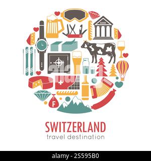 Luoghi di interesse turistico della Svizzera e famoso poster delle attrazioni turistiche dei vettori. Icone vettoriali della mappa e bandiera svizzera, coltello e orologio, formaggio o cioccolato e salsiccia, stazione sciistica alpina e banca. Luoghi di interesse turistico della Svizzera e famoso poster delle attrazioni turistiche dei vettori. Illustrazione Vettoriale