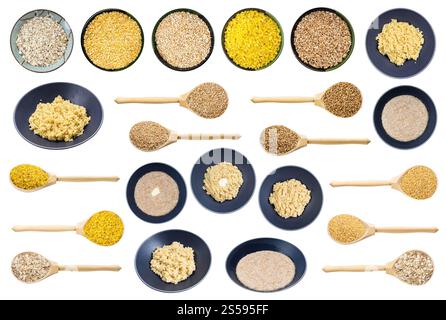 set di varie semole di grano tritate crude e cotte isolate su sfondo bianco Foto Stock