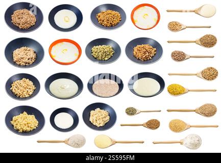 set di vari tipi di siero di latte crudo e cotto isolato su sfondo bianco Foto Stock