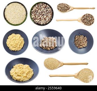 set di vari grani di quinoa bolliti e crudi isolati su sfondo bianco Foto Stock