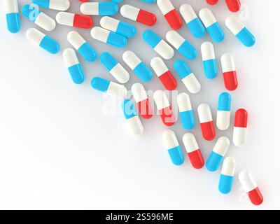 Pills fuoriuscita di pillola bottiglia su bianco Foto Stock