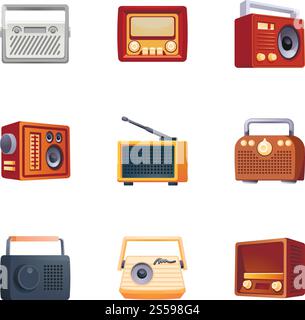Set di icone della radio. Set di cartoni animati di icone vettoriali radio per la progettazione Web. Set di icone radio, stile cartone animato Illustrazione Vettoriale