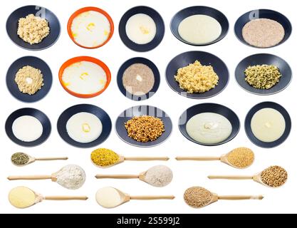 set di varie semole di grano tenero crudo e cotte isolate su sfondo bianco Foto Stock