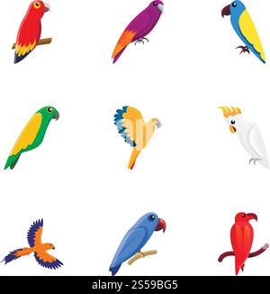 Set di icone pappagallo. Set di 9 icone vettoriali di pappagalli per il web design isolate su sfondo bianco. Set di icone pappagallo, stile cartoni animati Illustrazione Vettoriale