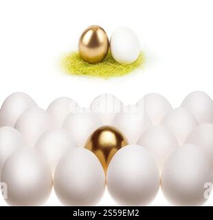 un uovo d'oro desta tra le comuni uova bianche. oro con uova bianche Foto Stock