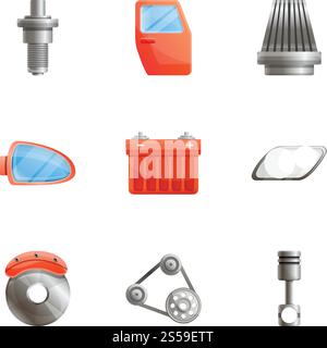 Set icone ricambi auto. Set cartoni animati di 9 icone vettoriali di ricambi per auto per il web design isolate su sfondo bianco. Set di icone ricambi auto, stile cartone animato Illustrazione Vettoriale