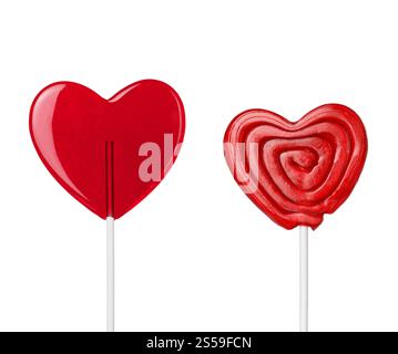 lecca-lecca-cuore rosso isolato su sfondo bianco. due lecca-lecca-lecca-cuore rossi isolati Foto Stock