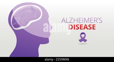 Banner moderno sul concetto di malattia di alzheimer. Illustrazione cartoon del moderno banner di concetto vettoriale della malattia di alzheimer per il web design. Banner moderno di concetto di malattia di alzheimer, stile cartone animato Illustrazione Vettoriale