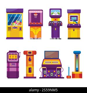 Macchine da gioco retrò con joystick e grandi schermi. Speciali dispositivi automatici per divertirsi, combattere, mostrare forza e vincere illustrazioni vettoriali isolate su sfondo bianco. Macchine da gioco retrò con joystick e grandi schermi Illustrazione Vettoriale