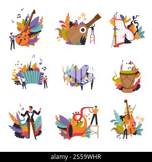 Musica di classe, strumenti e musicisti su un set vettoriale isolato da concerto. Pianoforte e fisarmonica, tromba e violino, batteria e archi. Persone di talento che suonano fogliame e foglie decorative, note. Musica di classe, strumenti e musicisti su concerto isolato set V Illustrazione Vettoriale