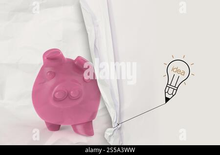 Lampadina a matita disegnare la corda aprire carta stropicciata piggy rosa come concetto Foto Stock
