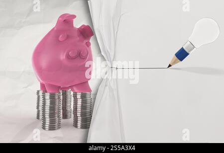 Lampadina a matita disegnare la corda aprire carta stropicciata piggy rosa come concetto Foto Stock