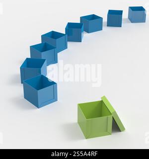 3d open casella vuota come pensare al di fuori del concetto di scatola Foto Stock
