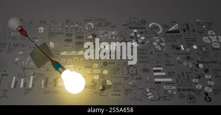 Falso equilibrio della lampadina a matita e disegnati a mano la strategia di business come concetto Foto Stock