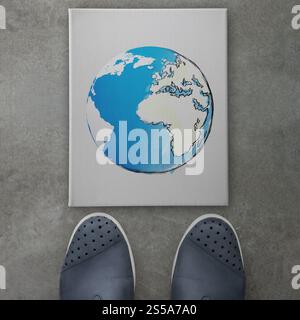 globo astratto disegnato a mano davanti ai piedi degli uomini d'affari come concetto Foto Stock