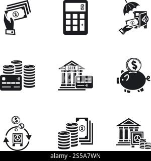 Set di icone Money (denaro). Semplice set di 9 icone vettoriali di denaro per il web design isolate su sfondo bianco. Set di icone Money, stile semplice Illustrazione Vettoriale