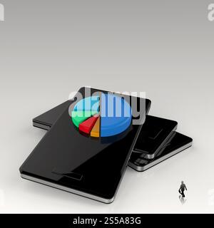 Imprenditore a piedi 3d telefono cellulare smart phone e il grafico a torta concetto come Foto Stock