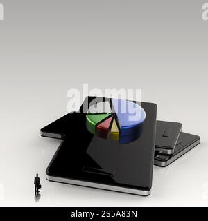 Imprenditore a piedi 3d telefono cellulare smart phone e il grafico a torta concetto come Foto Stock