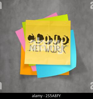 Disegnata a mano CLOUD NETWORK sul foglietto adesivo e texture background come concetto Foto Stock