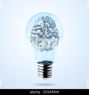 3d di metallo del cervello umano in una lampadina elettrica come concetto creativo Foto Stock