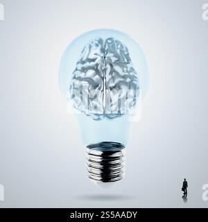 Imprenditore guardando 3d di metallo del cervello umano in una lampadina elettrica come concetto creativo Foto Stock