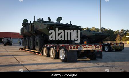 I veicoli da combattimento anfibi del corpo dei Marines degli Stati Uniti con il Battaglione anfibio d'assalto 2d, la Divisione dei Marines 2d, arrivano alla base dei Marines di Camp Lejeune, nord Foto Stock