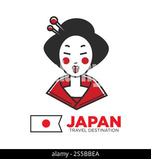 Poster promozionale delle destinazioni di viaggio in Giappone con una bellissima geisha. Donna giapponese con bacchette in capelli e tradizionale trucco isolato cartoni animati piatto illustrazione vettoriale su sfondo bianco. Poster promozionale delle destinazioni di viaggio in Giappone con una bellissima geisha Illustrazione Vettoriale