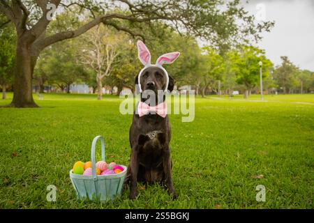 Ritratto di un Retriever labrador nero che indossa orecchie conigliette e un cravatta seduto in un parco accanto a un cestino pieno di uova di Pasqua dipinte Foto Stock