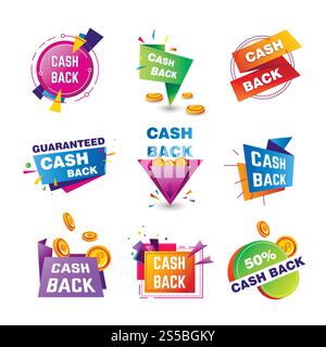 Banner cashback per bonus di acquisto o modello di progettazione del programma fedeltà per i clienti. Vettore per nastri di promozione cash back in un set astratto piatto isolato dal vettore. Bonus cashback tag vettoriali banner per lo shopping Illustrazione Vettoriale