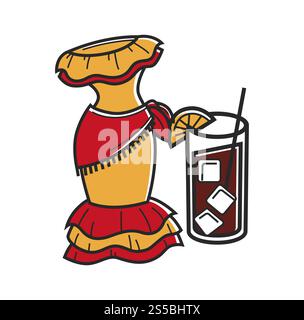 Destinazione di viaggio a Cuba e simboli famosi della cultura. Icone vettoriali dell'Avana cubana abito tradizionale e cocktail al rum. Cuba viaggia famoso vestito vettoriale e cocktail Illustrazione Vettoriale