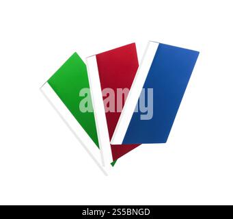 tre cartelle colorate su sfondo bianco. tre cartelle colorate Foto Stock