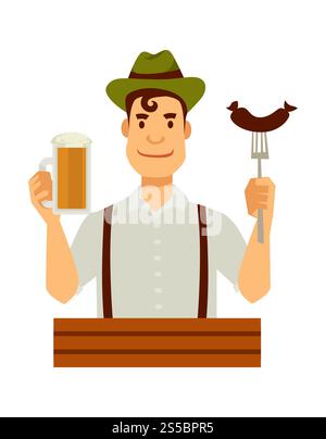 Tedesco in cappello verde con salsiccia sulla forchetta e grande tazza se birra. L'uomo mangia cibo nazionale. Cucina nazionale e tipico paese rappresentativo cartoni animati isolati illustrazione vettoriale piatto su sfondo bianco. Tedesco in cappello verde con salsiccia sulla forchetta e birra Illustrazione Vettoriale
