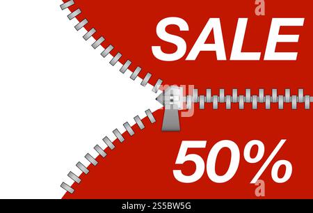 Chiusura lampo che rivela uno sconto per la vendita isolato su sfondo bianco. Chiusura lampo che rivela uno sconto per la vendita Foto Stock