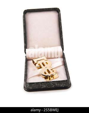 clip in scatola dorata isolata su sfondo bianco. clip dorata nella scatola Foto Stock