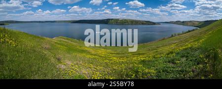 Ucraina senza aggressione russa. Splendida vista primaverile sul canyon del fiume Dnister, sulla baia di Bakota, sulla regione di Chernivtsi, Ucraina. Foto Stock