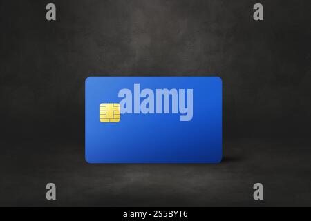 Modello di carta di credito blu su sfondo nero in cemento. Illustrazione 3D. Carta di credito blu su sfondo nero in cemento Foto Stock