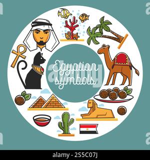 I luoghi di interesse turistico egiziano e i simboli egiziani delle famose attrazioni culturali. Bandiera dell'Egitto vettoriale, piramidi del Cairo, uomo arabo e cammello o faraone Tutankhamon e Sfinge nelle palme del deserto. Simbolo simbolo di viaggio in Egitto poster vettoriale Illustrazione Vettoriale