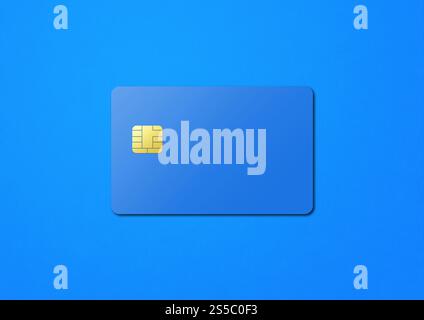 Modello di carta di credito blu isolato su uno sfondo colorato. Illustrazione 3D. Carta di credito blu su sfondo colorato Foto Stock