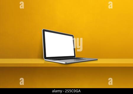 Computer portatile su sfondo giallo. Illustrazione 3D. Computer portatile su sfondo giallo Foto Stock