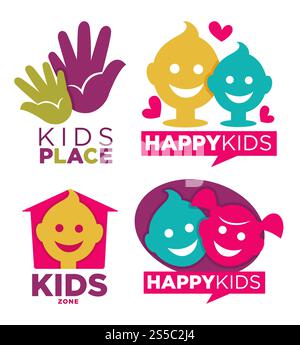 Miniclub con intrattenimenti, emblemi promozionali luminosi, cartoni animati isolati, illustrazione vettoriale piatta su sfondo bianco. Logotipi di zona per bambini con mani umane, facce divertenti e mezza luna.. Posto per bambini con intrattenimenti emblemi promozionali luminosi set di cartoni animati isolati immagine vettoriale piatta su sfondo bianco Illustrazione Vettoriale