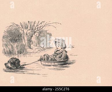 Un'antica illustrazione in bianco e nero mostra le vele di un bambino e un cane nel fiume. L'illustrazione d'epoca mostra il ragazzo seduto nella canna e vele nella Foto Stock