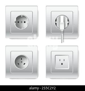 Prese e prese elettriche icone 3D realistiche di diversi tipi di spine con due o tre ingressi e messa a terra. Prese e spine elettriche 3D cioni vettoriali Illustrazione Vettoriale